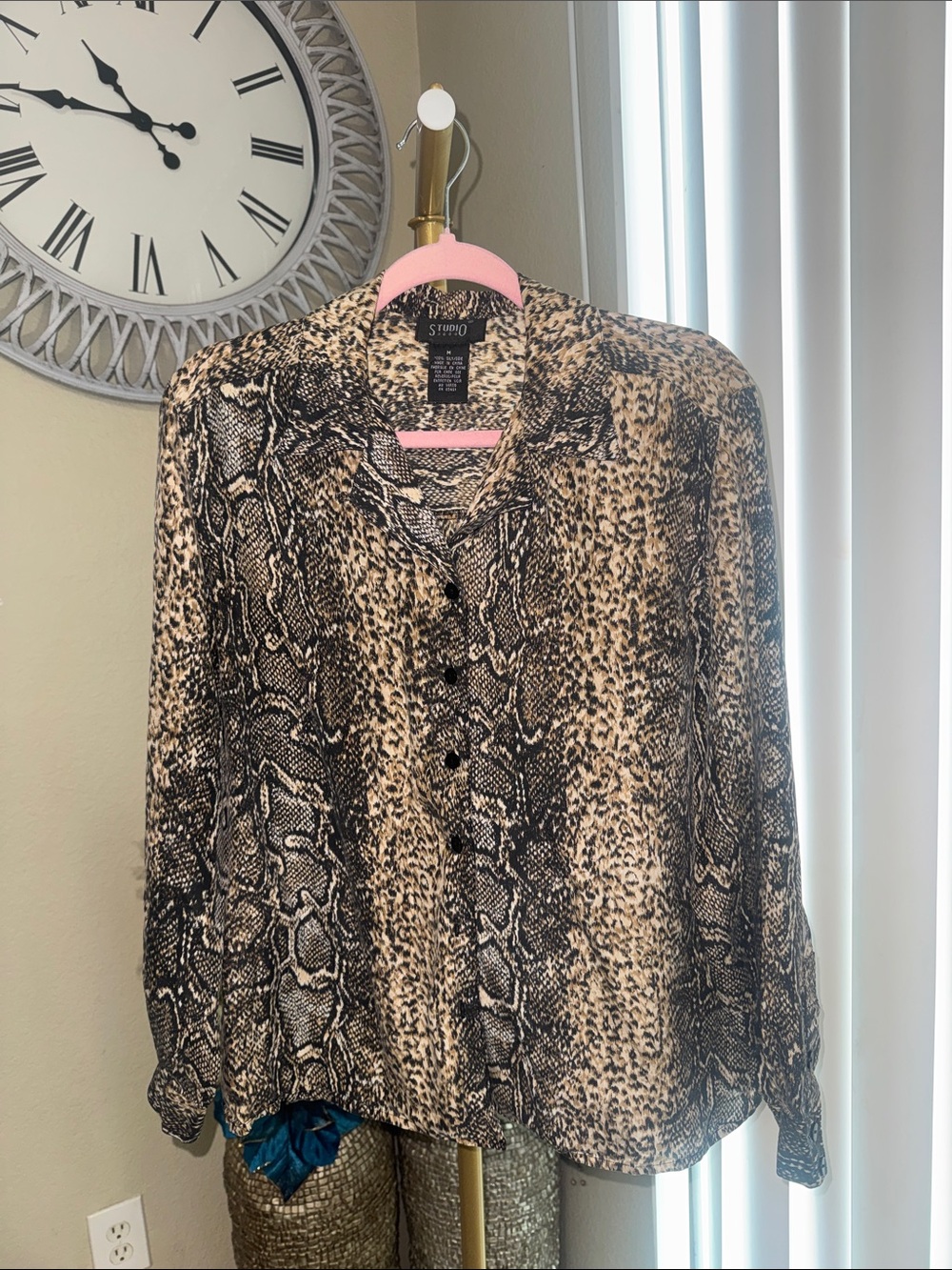 100% silk Beige and Black Snake-Print Button Front Blouse